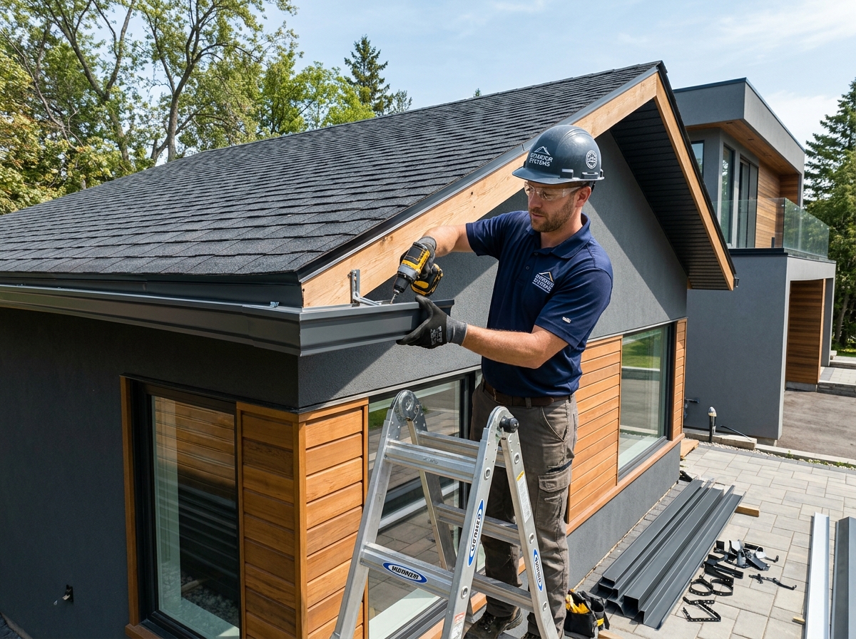 Professional tradesperson installing seamless metal roof gutters and downpipes