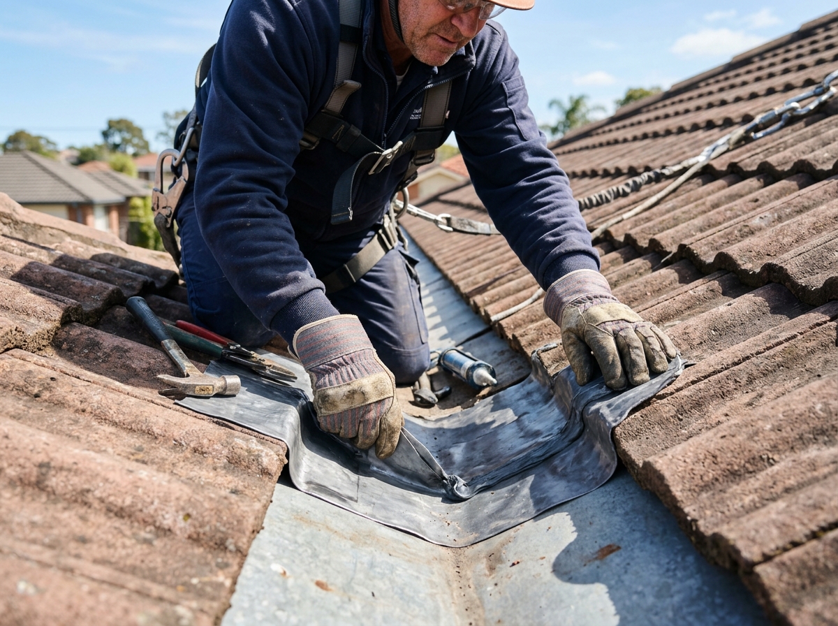 Roofer fixing roof leaks, lead flashing and valley waterproofing