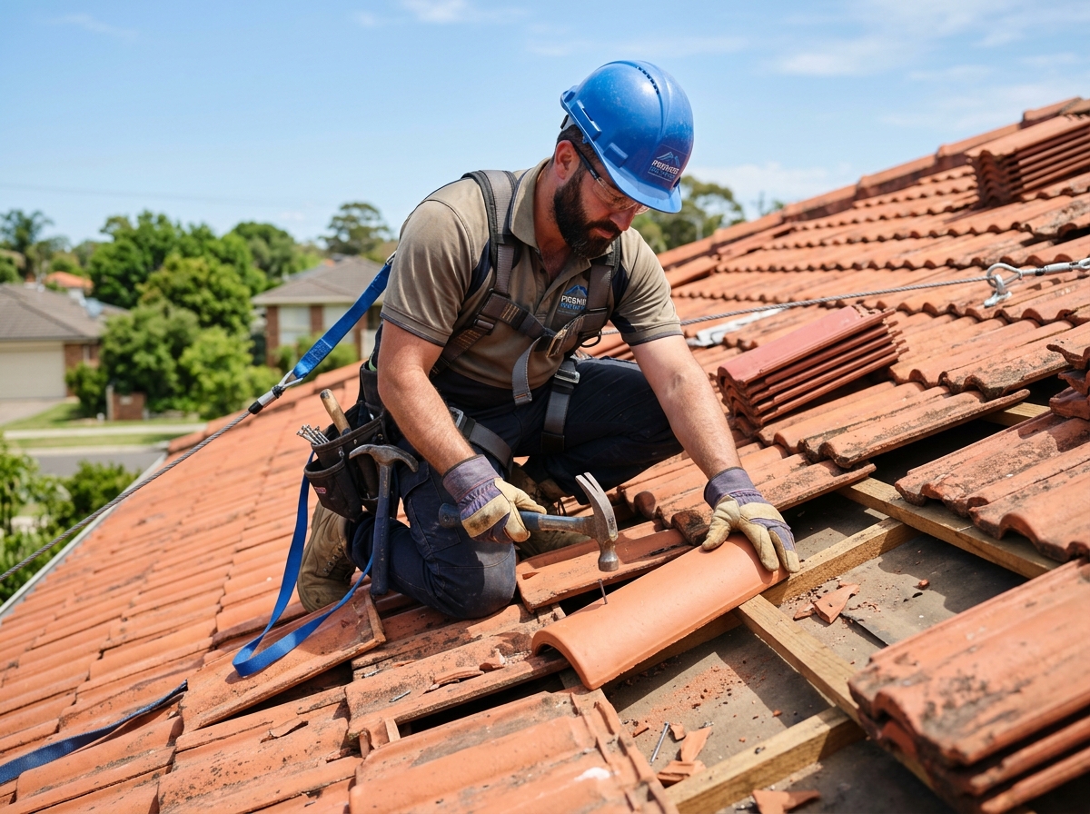 Professional roofer repairing broken terracotta roof tiles
